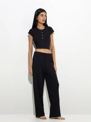 Superstar Black Ribbed-Textured Cotton Crop Top