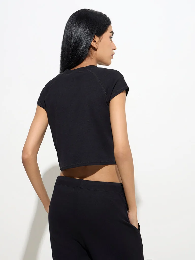 Superstar Black Ribbed-Textured Cotton Crop Top
