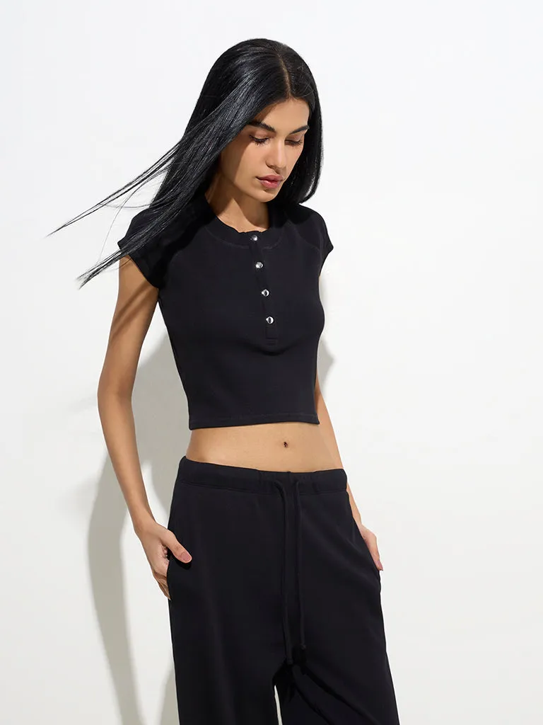 Superstar Black Ribbed-Textured Cotton Crop Top