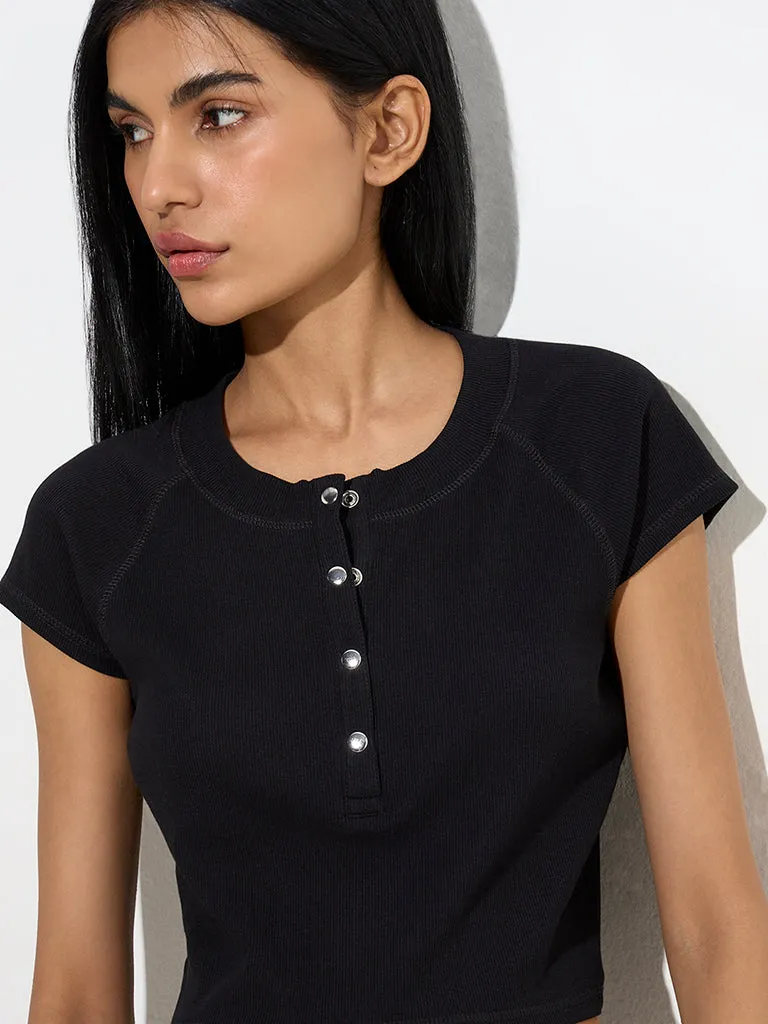 Superstar Black Ribbed-Textured Cotton Crop Top