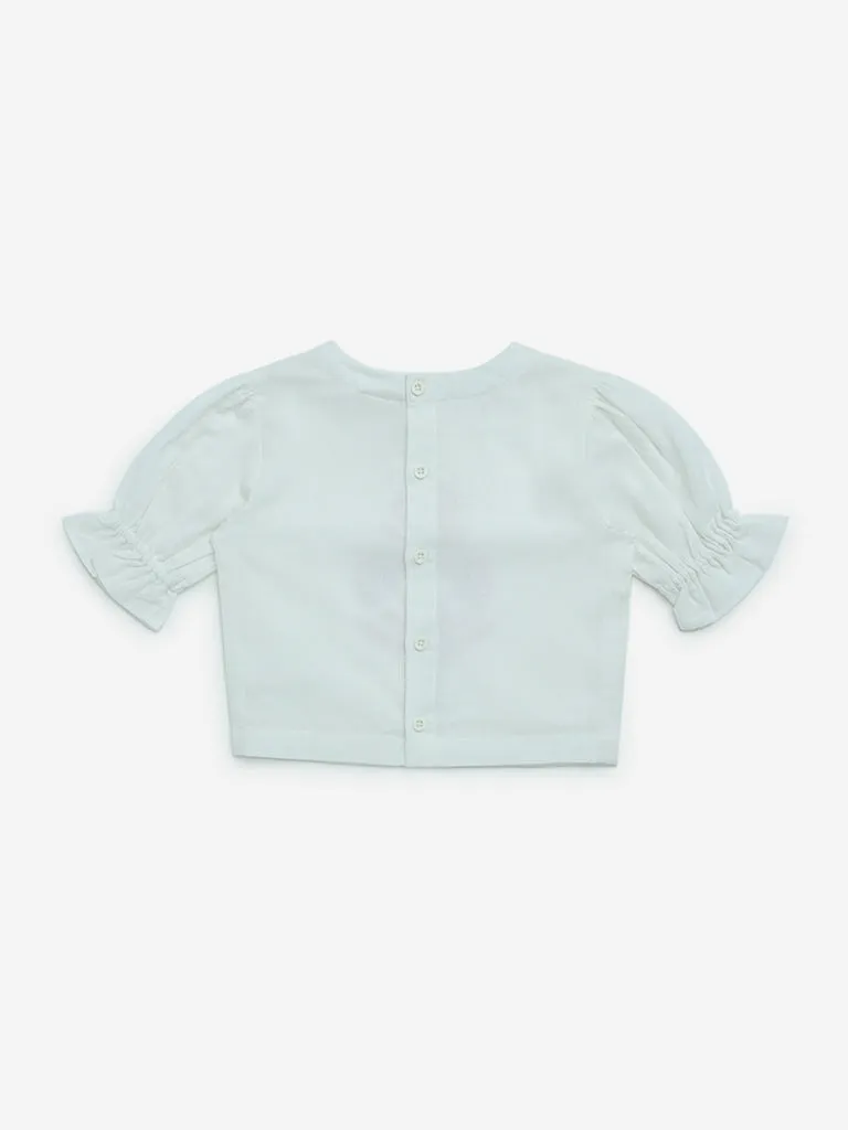 Utsa Kids White Floral Design Cotton-Blend Top - (2-8yrs)