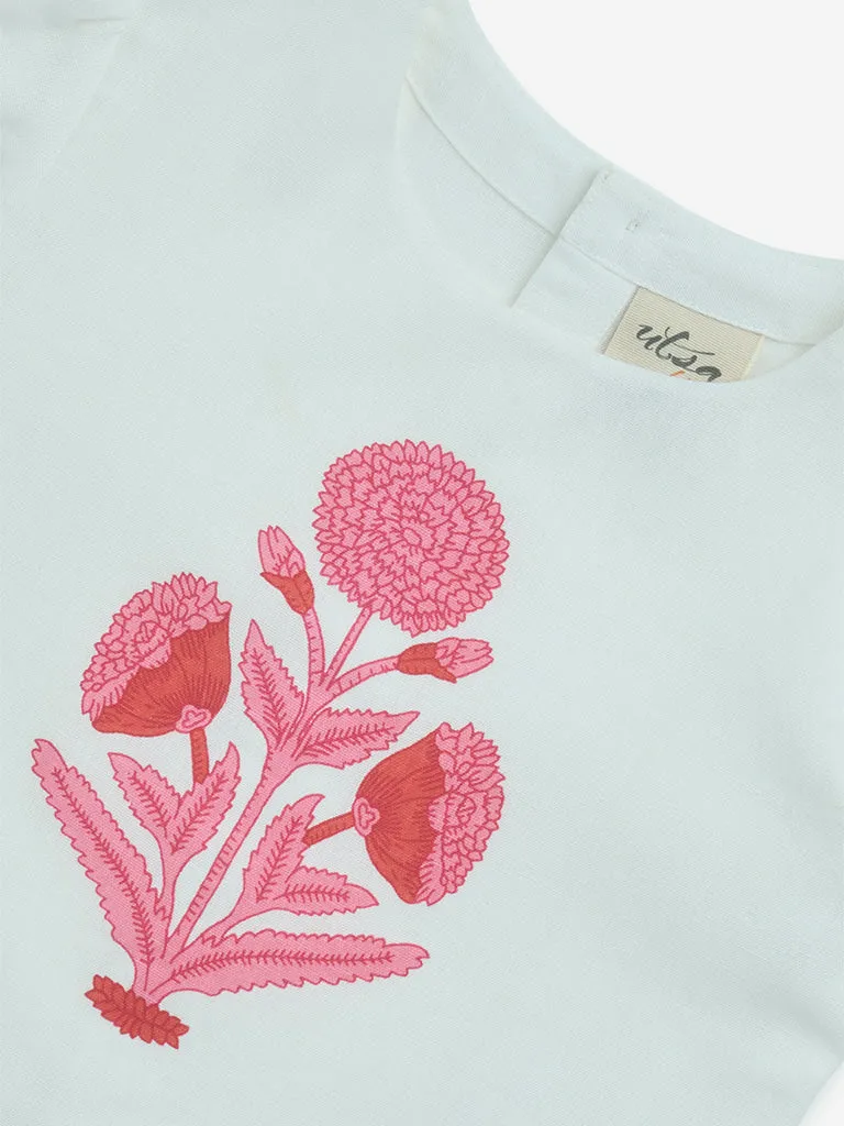 Utsa Kids White Floral Design Cotton-Blend Top - (2-8yrs)