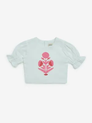 Utsa Kids White Floral Design Cotton-Blend Top - (2-8yrs)