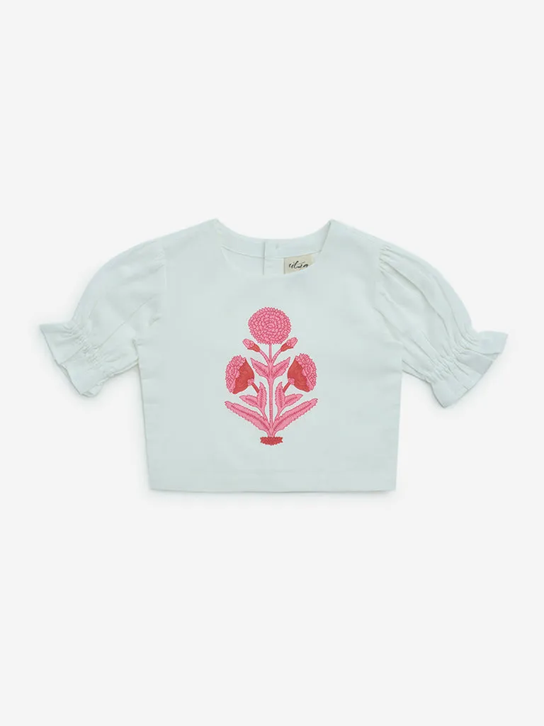Utsa Kids White Floral Design Cotton-Blend Top - (2-8yrs)