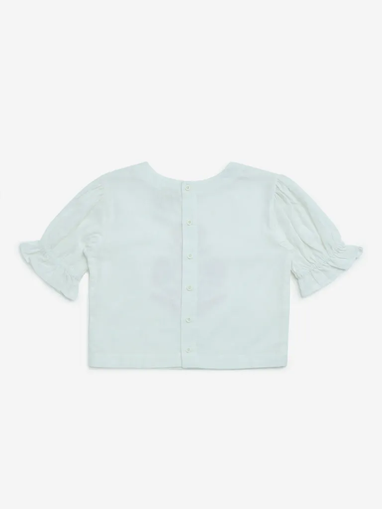 Utsa Kids White Floral Printed Cotton-Blend Top - (8-14yrs)