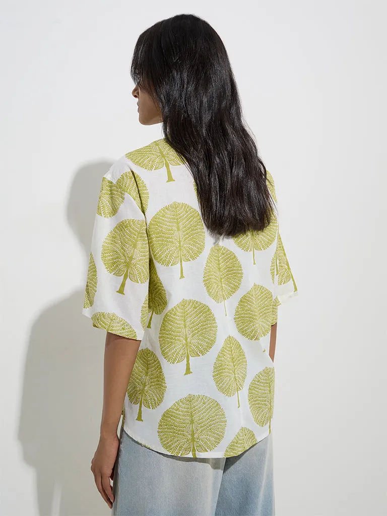 Utsa Olive Leaf Printed Cotton Ethnic Shirt