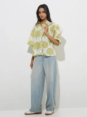 Utsa Olive Leaf Printed Cotton Ethnic Shirt
