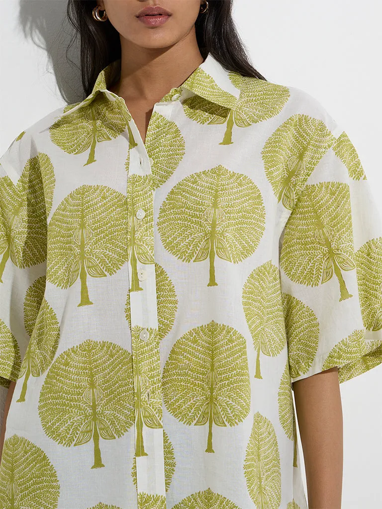 Utsa Olive Leaf Printed Cotton Ethnic Shirt