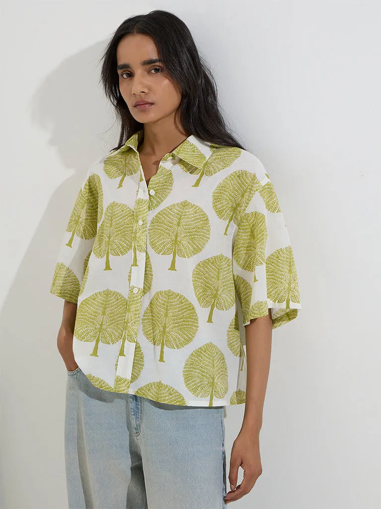 Utsa Olive Leaf Printed Cotton Ethnic Shirt