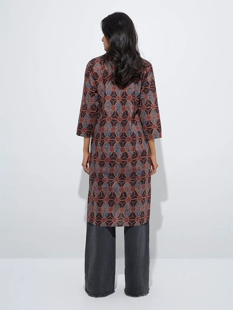 Utsa Rust Floral Printed Straight Cotton Kurta