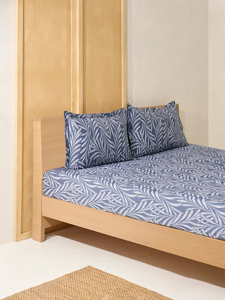 Westside Home Dusty Blue Foliage Printed King Bed Fitted Sheet and Pillowcase Set