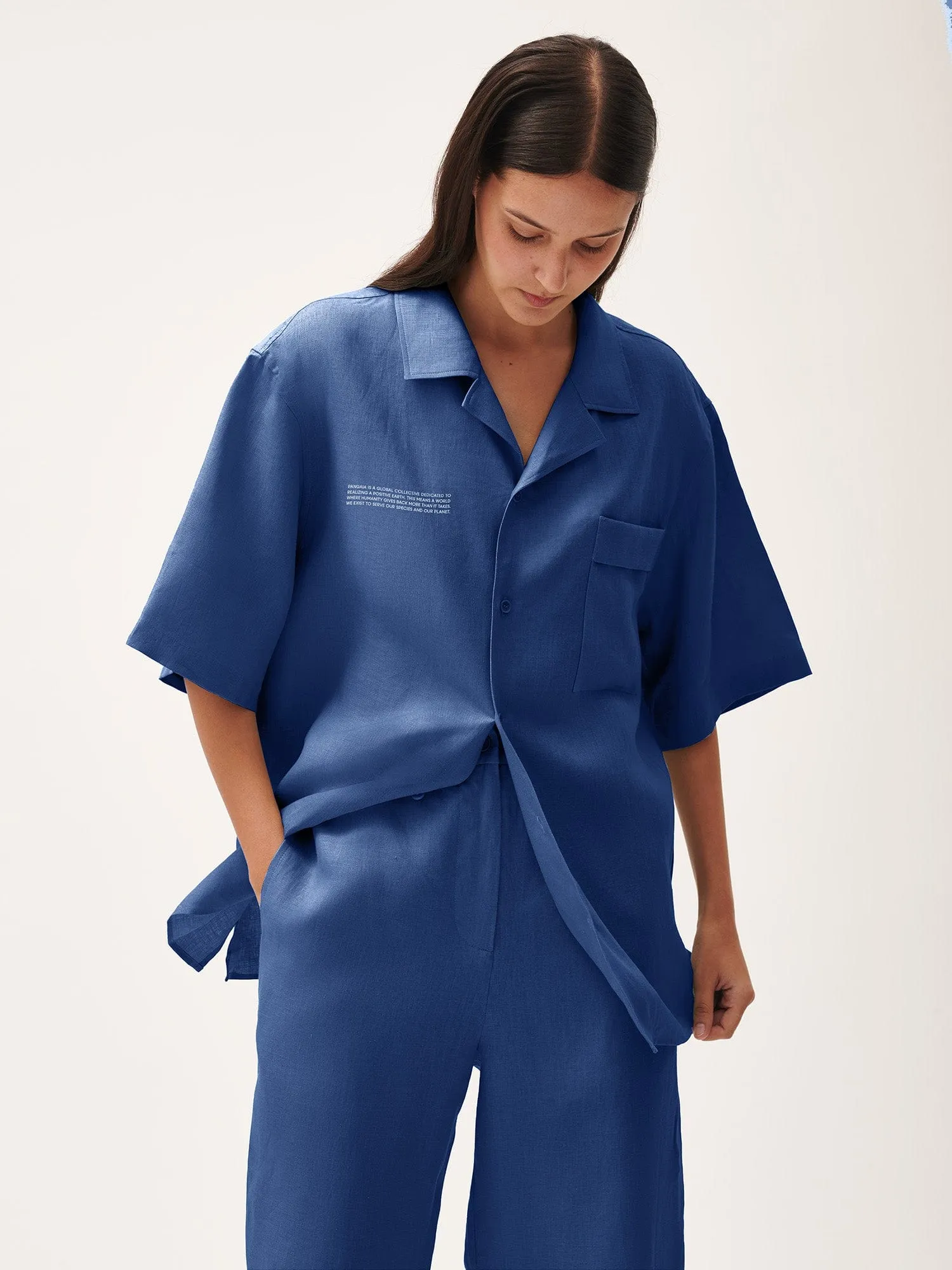 Womens DNA Linen Camp Collar Shirt—lapis blue