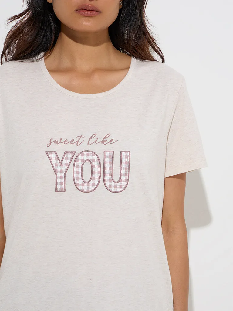 Wunderlove Off-White Text Printed Cotton T-Shirt