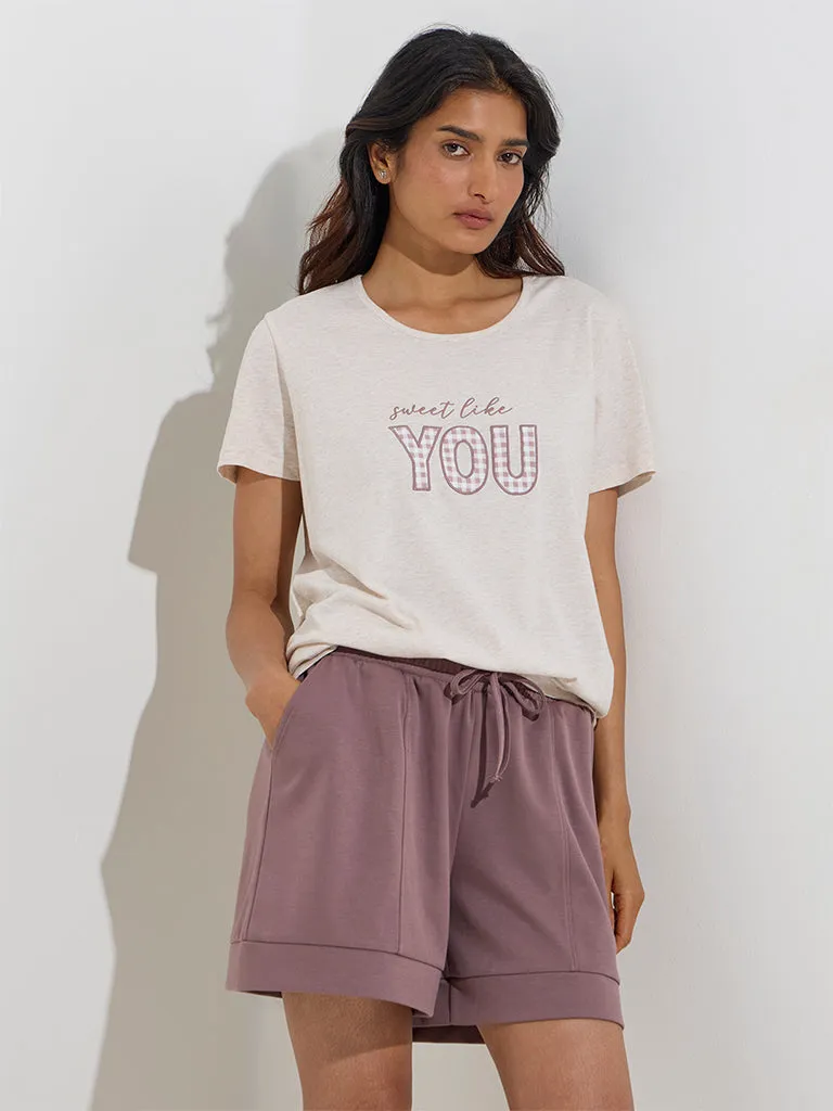 Wunderlove Off-White Text Printed Cotton T-Shirt