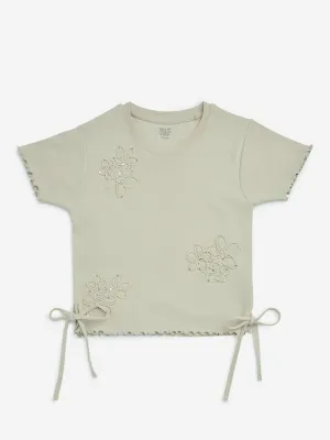 Y&F Kids Beige Floral Embroidered Cotton-Blend Top