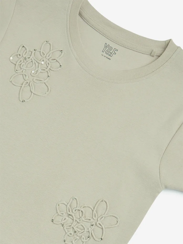 Y&F Kids Beige Floral Embroidered Cotton-Blend Top