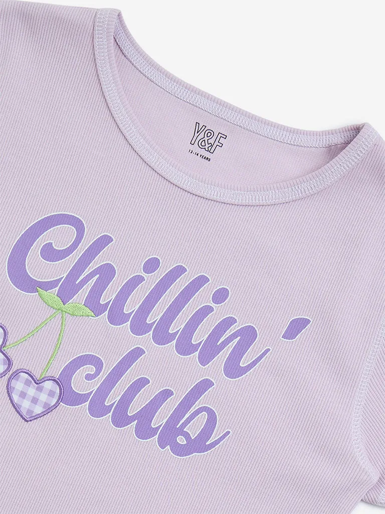 Y&F Kids Lilac Text Printed Cotton-Blend T-Shirt
